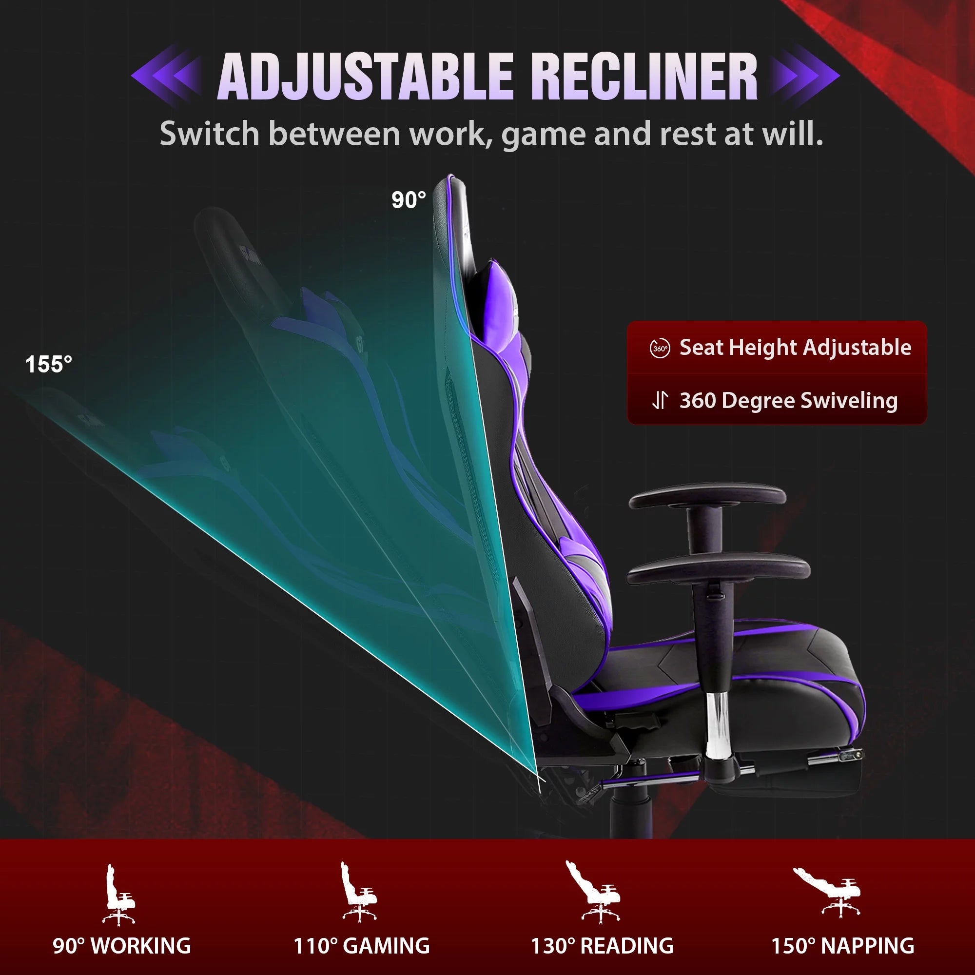 Gaming Chair with Footrest PU Leather Adjustable Headrest Purple k7x