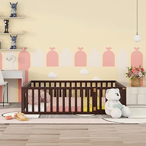 Twin Floor Bed Frame with Safety Fence Solid Wood for Kids Natural k7