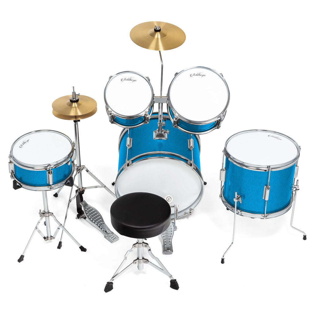 Junior Drum Set with Brass Cymbals and Adjustable Throne Blue k7