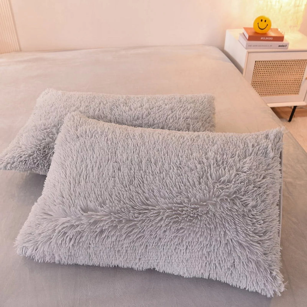 Plush Shaggy Duvet Cover Set 3 Piece Faux Fur Bedding with 2 Pillow Cases Light Gray Full Size k7