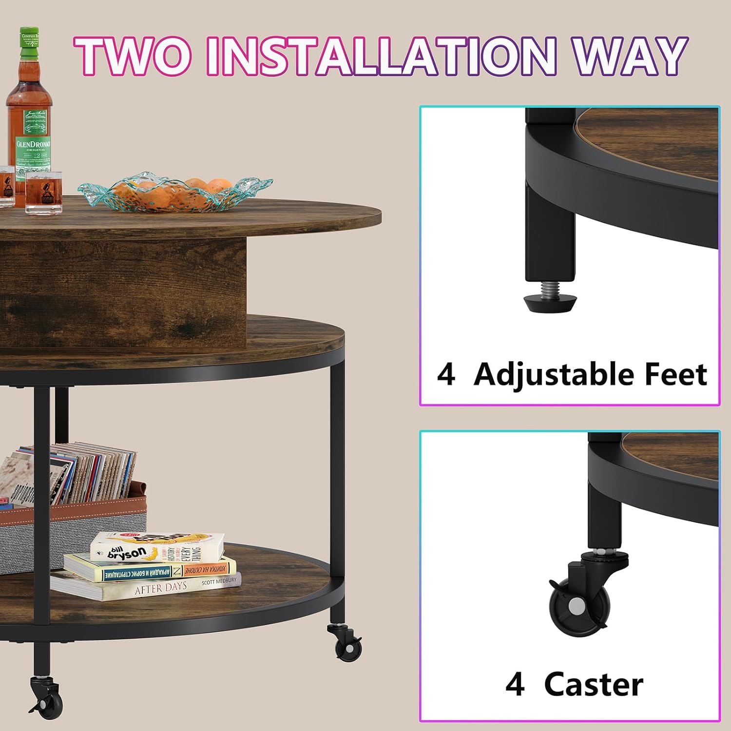 Rustic Brown Round Lift Top Coffee Table with Storage and Wheels a7