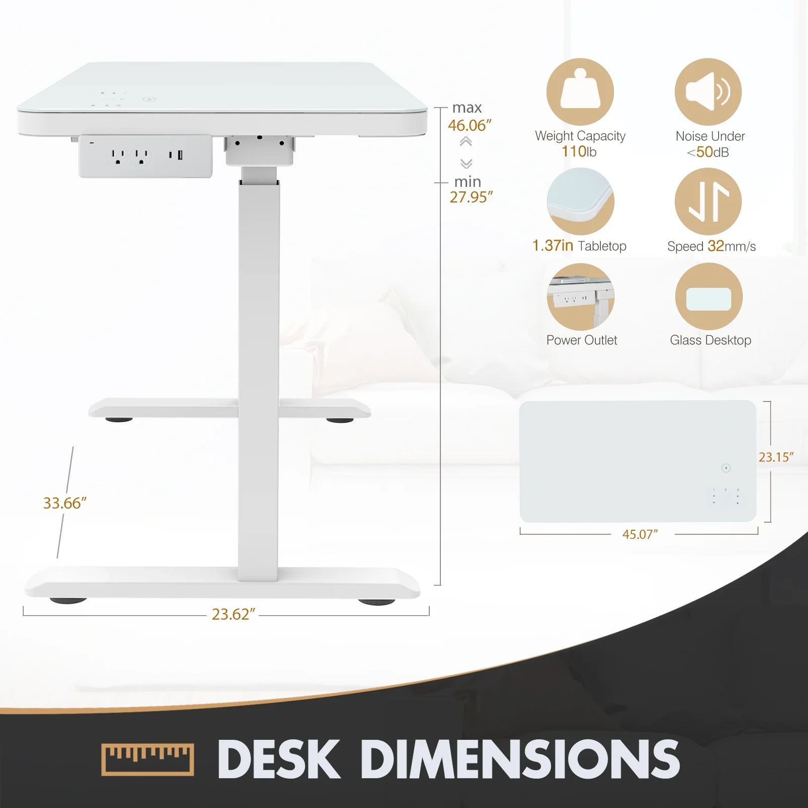 Electric Glass Standing Desk with Drawers, Dual Motor Height Adjustable, White k7p