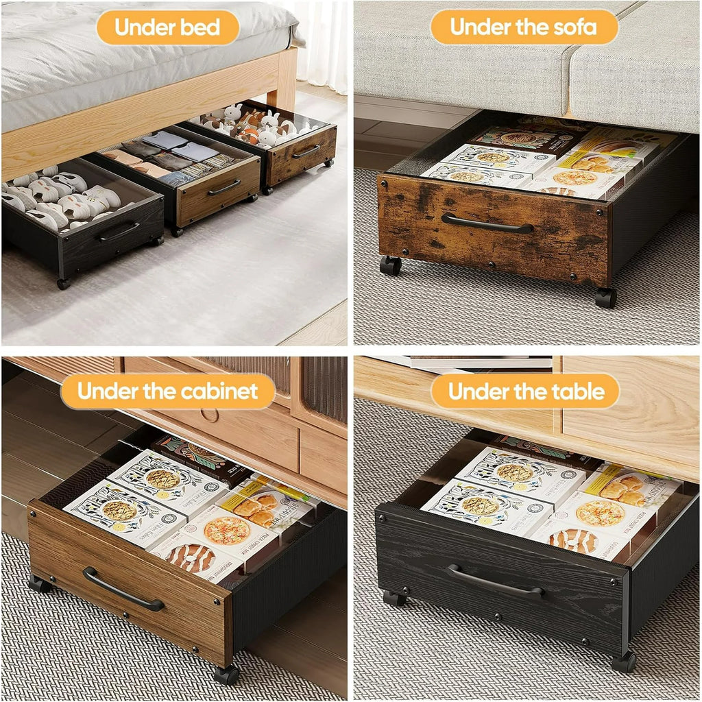 Wooden Under Bed Storage with Wheels, 80L Rolling Bins 2 Pack with Lid a7