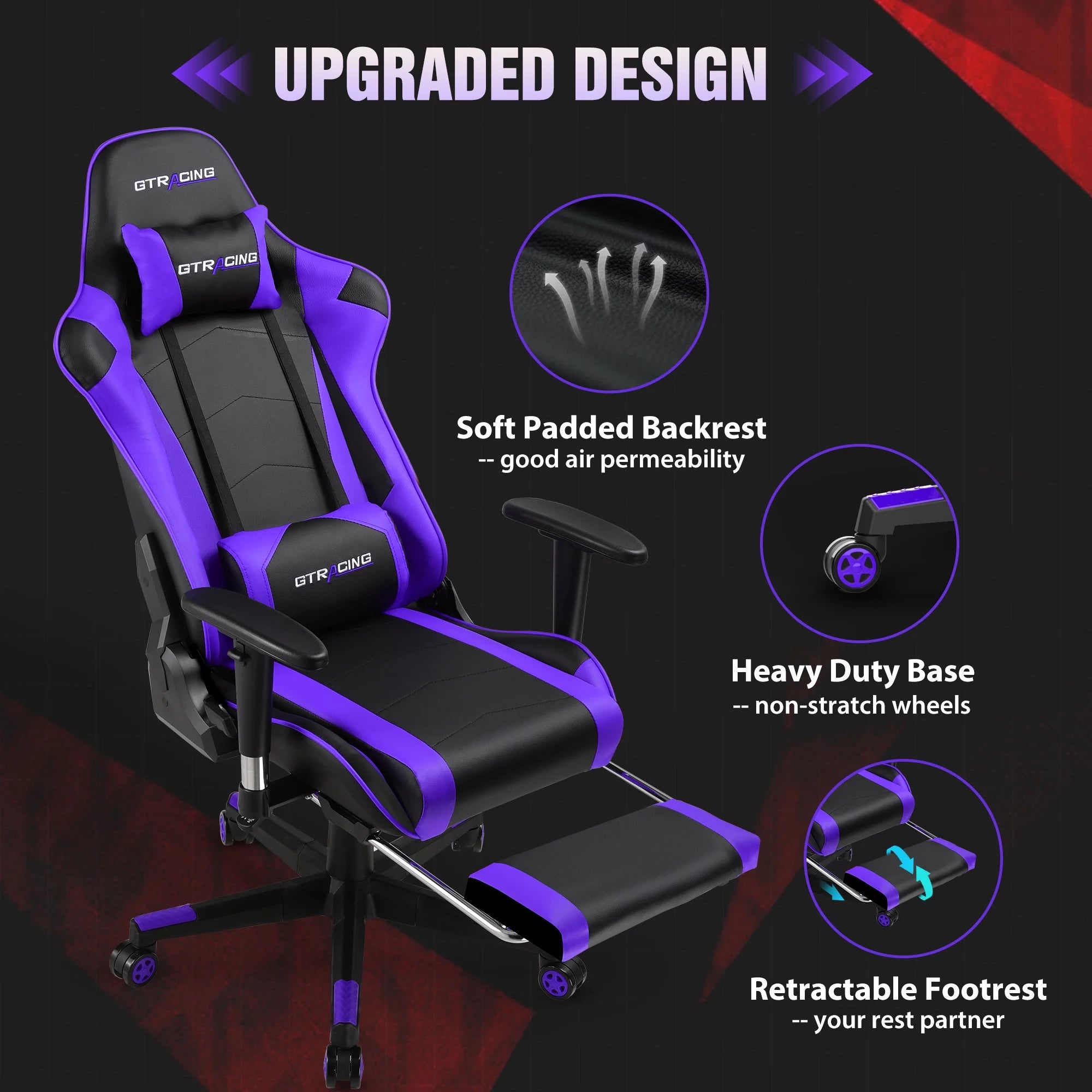 Gaming Chair with Footrest PU Leather Adjustable Headrest Purple k7x