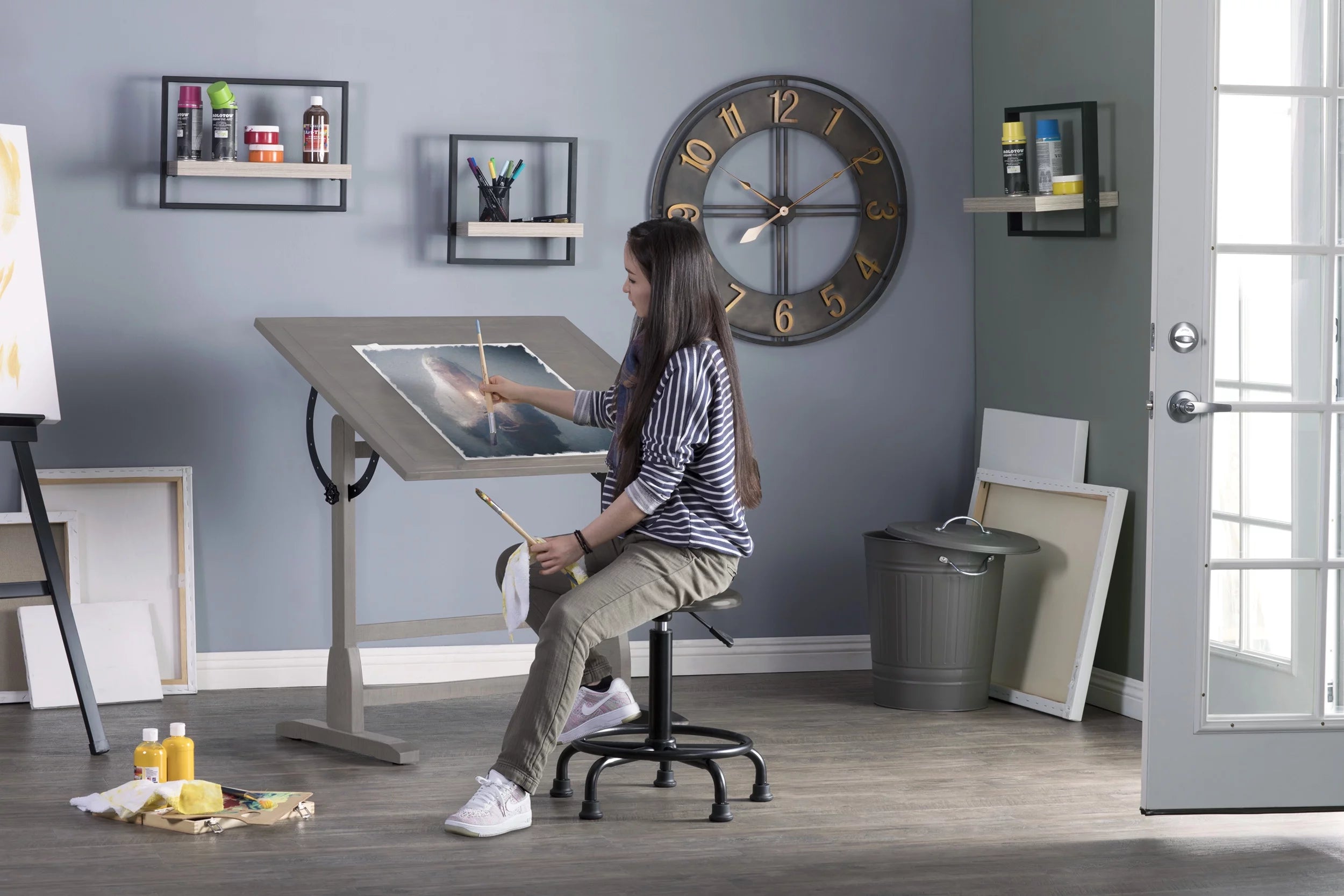 Solid Wood Drawing Table with Adjustable Top k7m