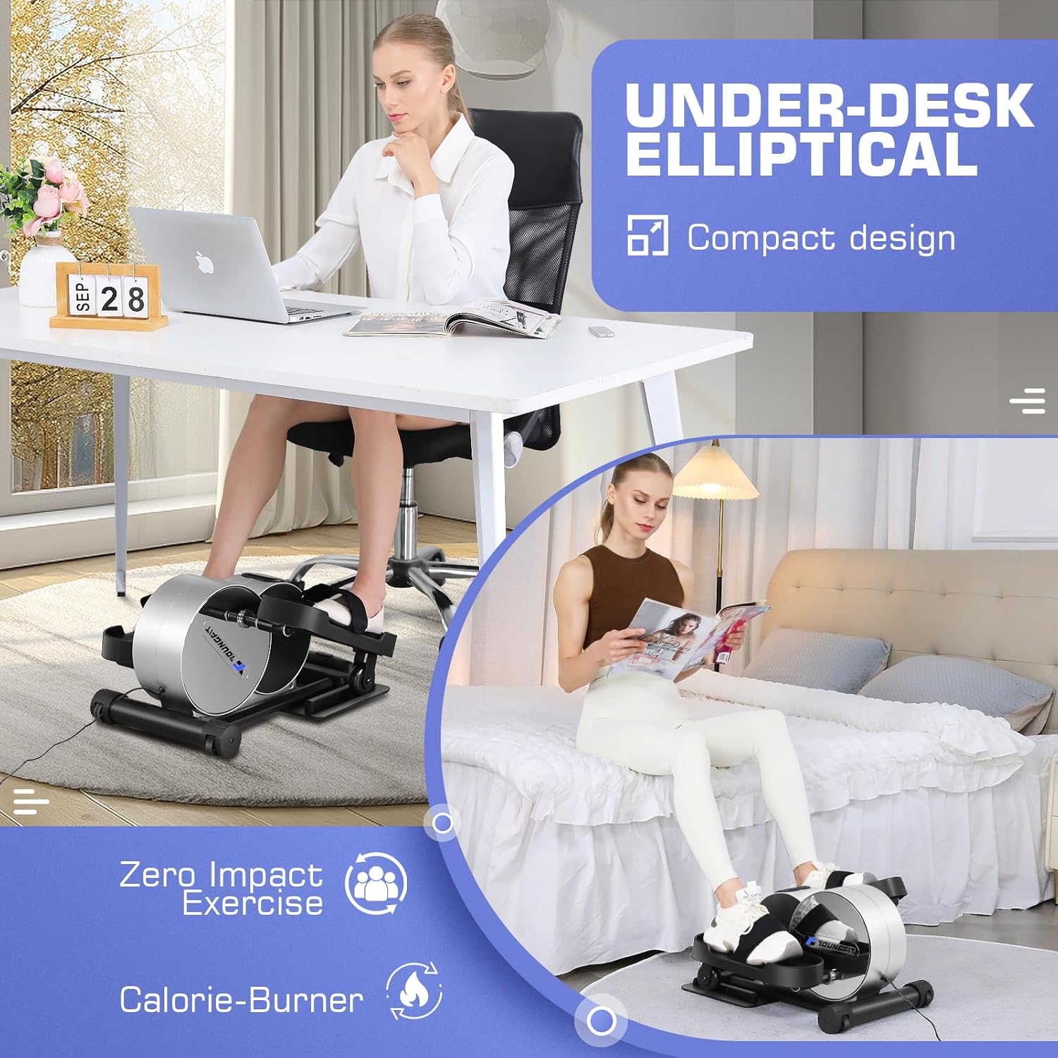 Under Desk Elliptical Seated Foot Pedal Exerciser with App and LCD Display q7m