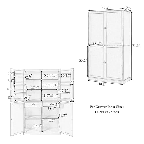 Farmhouse Kitchen Pantry Tall Storage Cabinet with Shelves and Drawers White k7