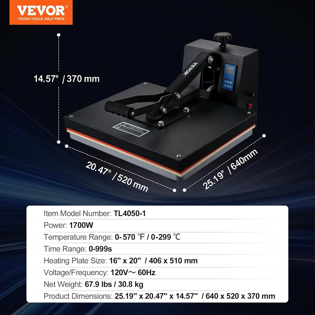 Heat Press Machine 16x20in Clamshell Sublimation Transfer Printer Teflon Coated a7