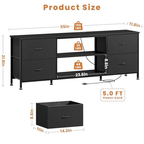 TV Stand with 4 Fabric Drawers for 50 Inch TV, Power Outlet, Black Wood Veins k7
