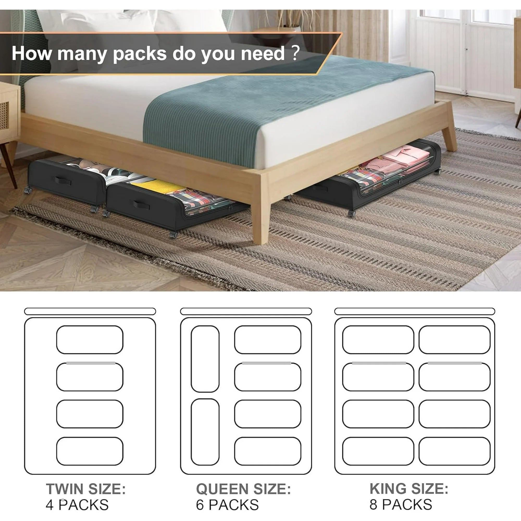 Under Bed Storage with Wheels 2 Pack, Large Rolling Containers with Lid, Black a7