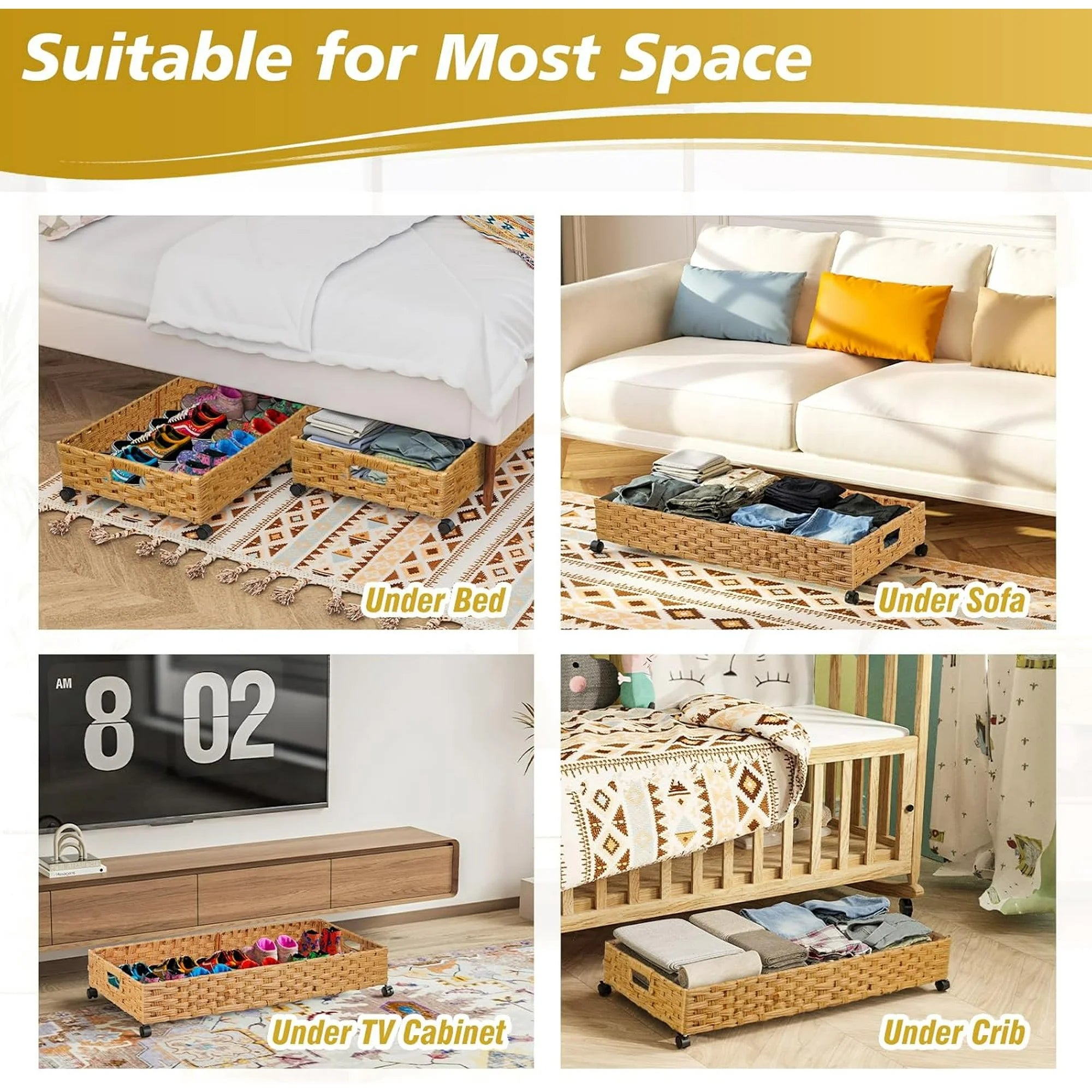 Under Bed Storage Containers with Wheels, 2 Pack 31.5in Rattan Organizer Drawer a7