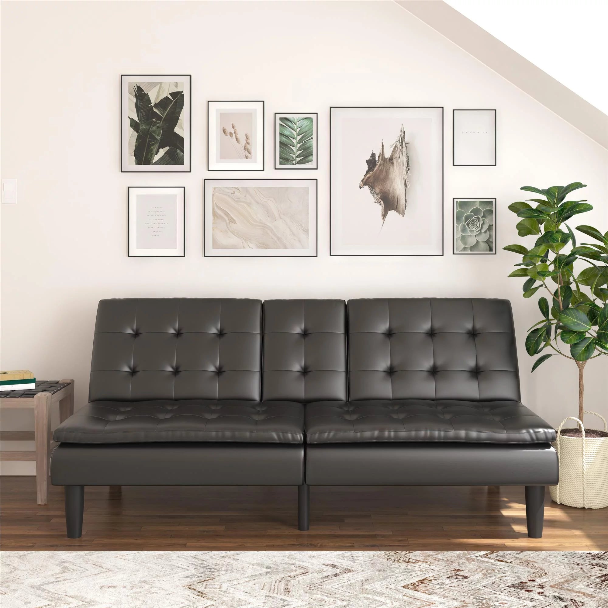 Memory Foam Futon with Cupholder and USB Black Faux Leather k7