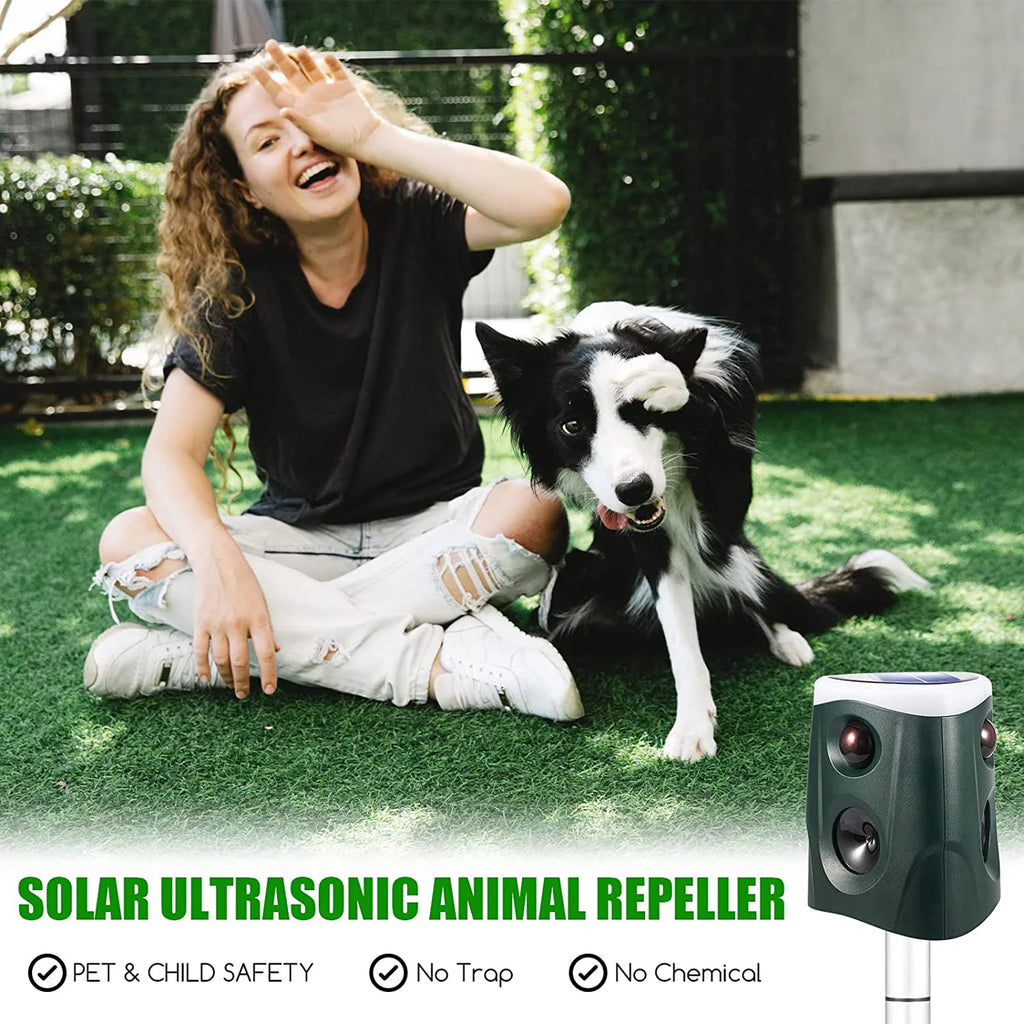 Solar Animal Repeller Ultrasonic Outdoor Waterproof PIR Sensor Strobe Light Alarm Sound k7