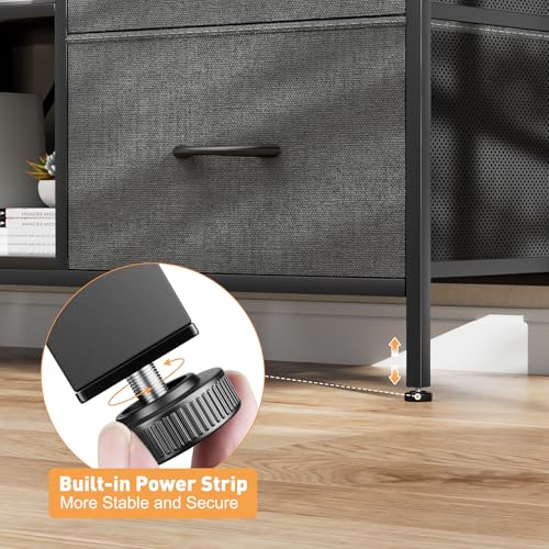 TV Stand with 4 Fabric Drawers for 50 Inch TV, Power Outlet, Black Wood Veins k7