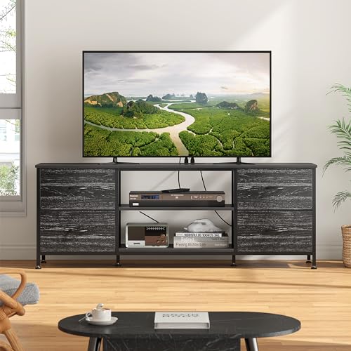 TV Stand with 4 Fabric Drawers for 50 Inch TV, Power Outlet, Black Wood Veins k7