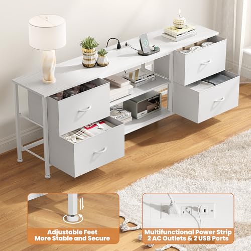 TV Stand with 4 Fabric Drawers for 50 Inch TV, Power Outlet, Black Wood Veins k7