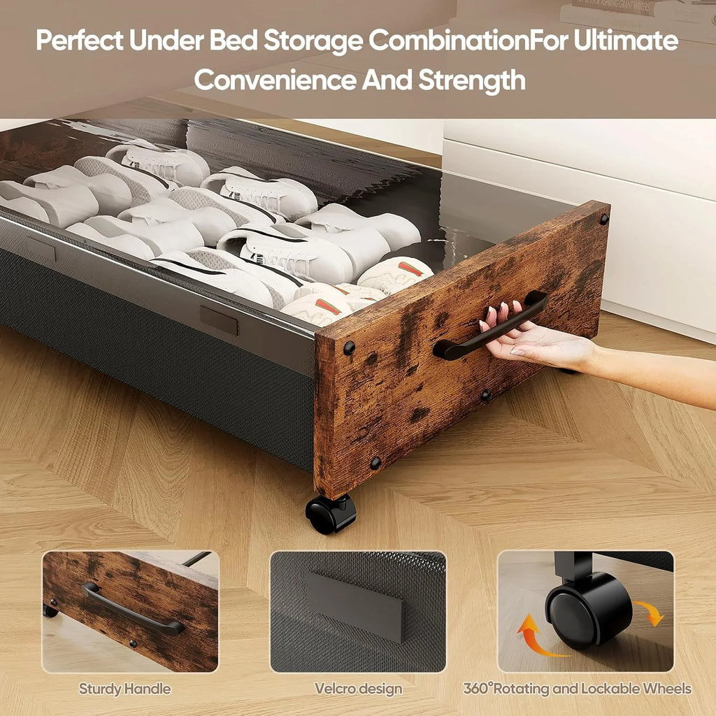 Wooden Under Bed Storage with Wheels, 80L Rolling Bins 2 Pack with Lid a7