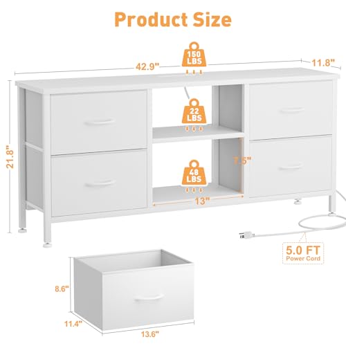 TV Stand with 4 Fabric Drawers for 50 Inch TV, Power Outlet, Black Wood Veins k7