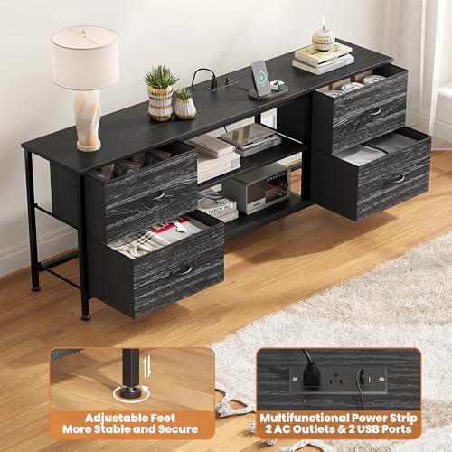 TV Stand with 4 Fabric Drawers for 50 Inch TV, Power Outlet, Black Wood Veins k7