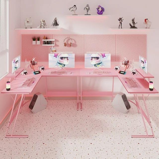 Pink L-Shaped Corner Gaming Desk with Monitor Stand 7k
