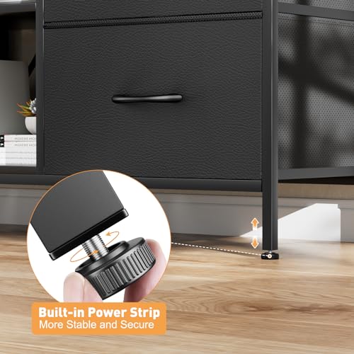 TV Stand with 4 Fabric Drawers for 50 Inch TV, Power Outlet, Black Wood Veins k7