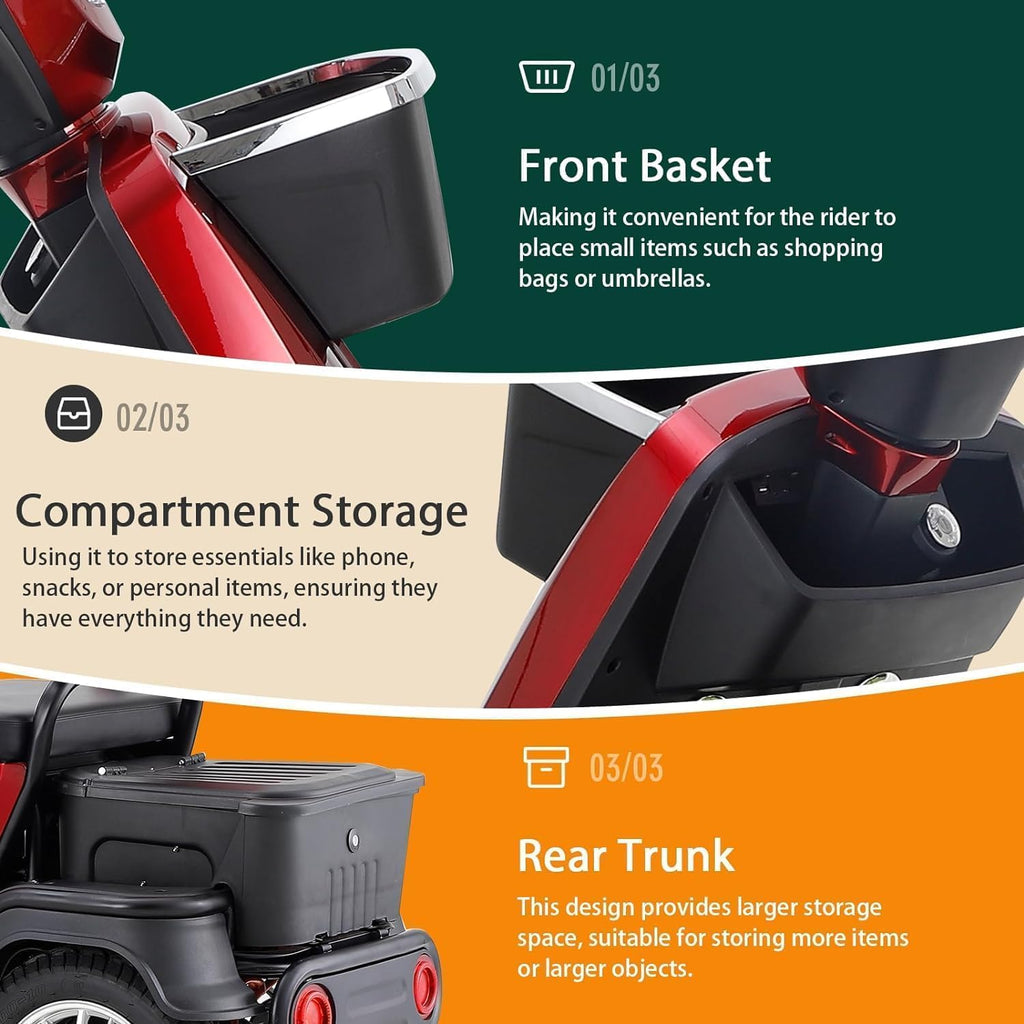 Mobility Scooter 4 Wheel 500lbs Capacity 36-Mile Range Red k7p