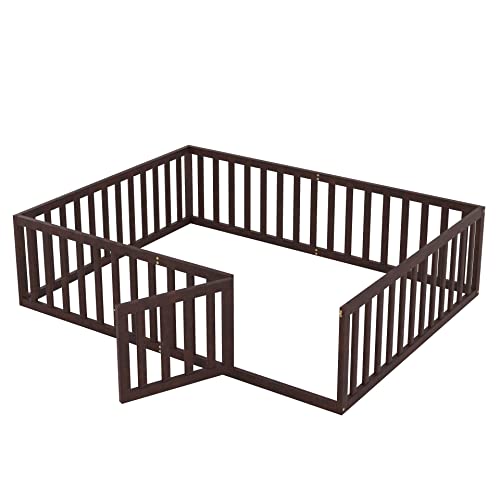 Twin Floor Bed Frame with Safety Fence Solid Wood for Kids Natural k7