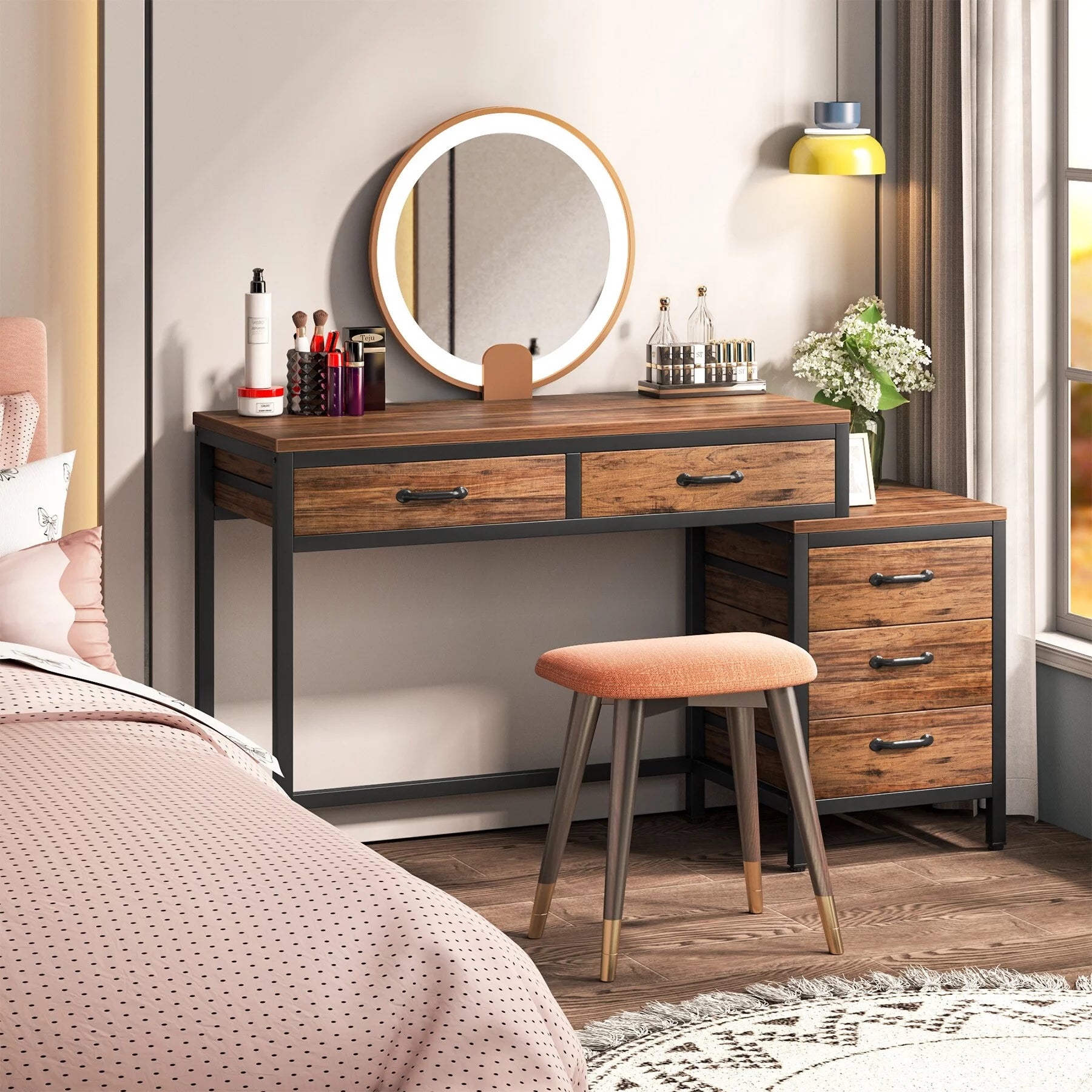 Reversible Computer Desk with 5 Drawers and File Cabinet, Rustic Brown k7