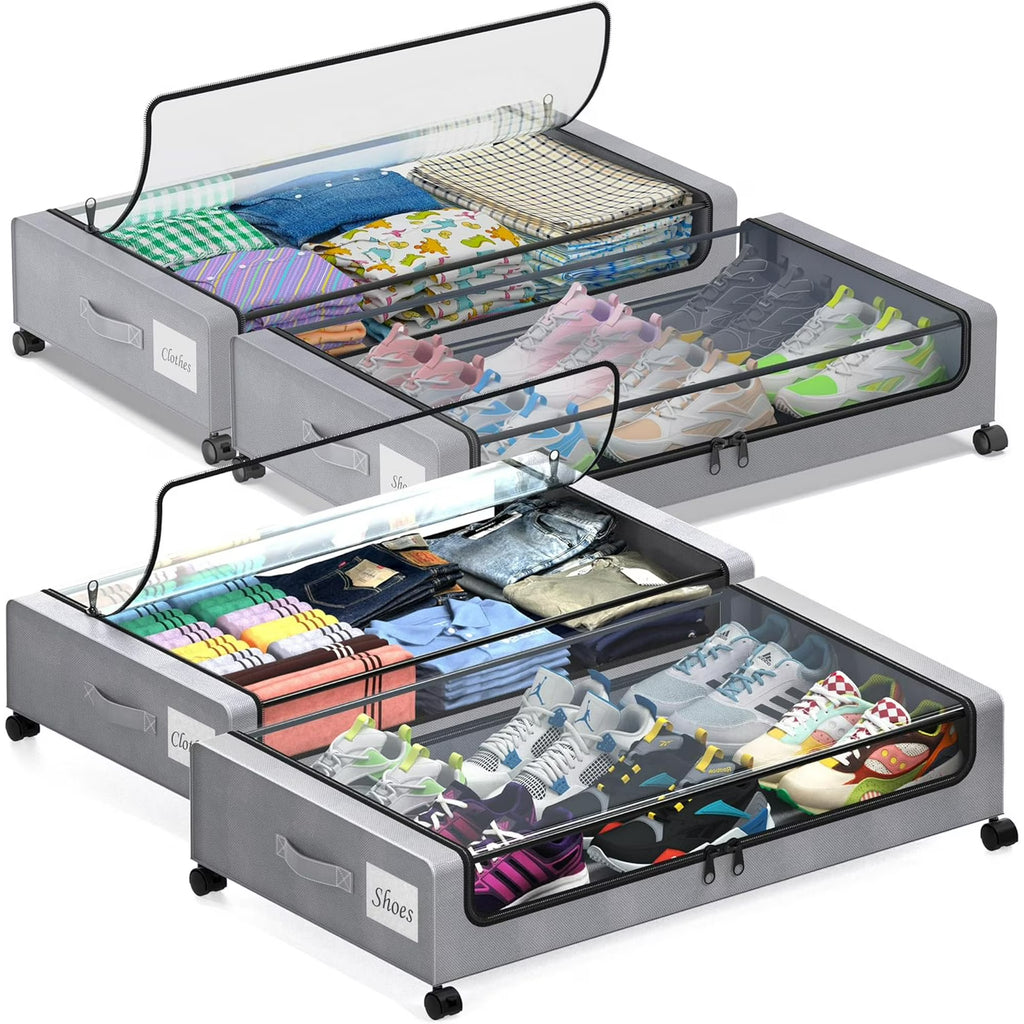 Under Bed Storage with Wheels, 4-Pack Under Bed Storage Containers with Clear Lids, XXL 60L Under the bed storage Organizer Bins, Rolling Under Bed Metal Drawer for Clothes,Shoes,Toys (Gray)