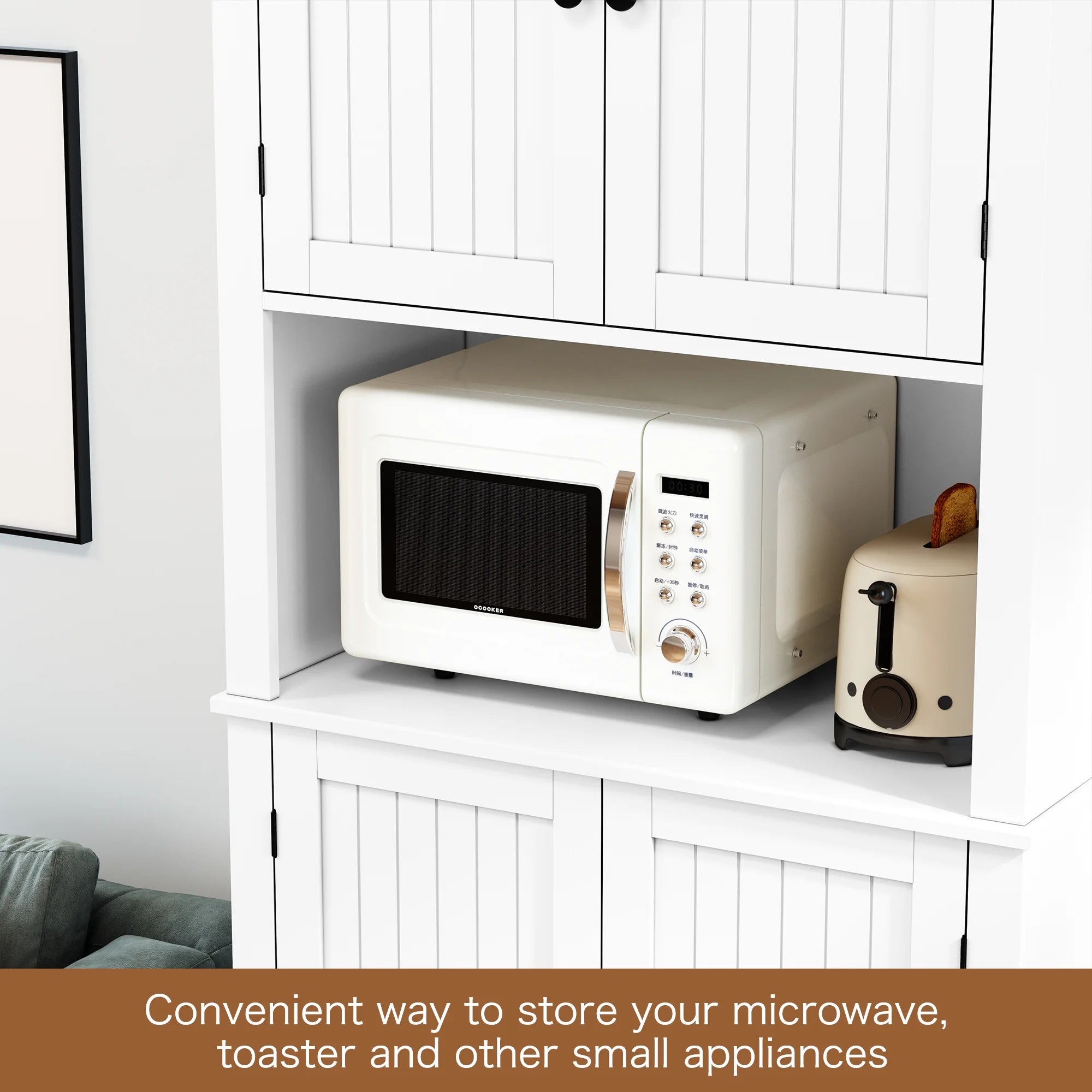 Kitchen Pantry Storage Cabinet with Microwave Stand and Shelves a7