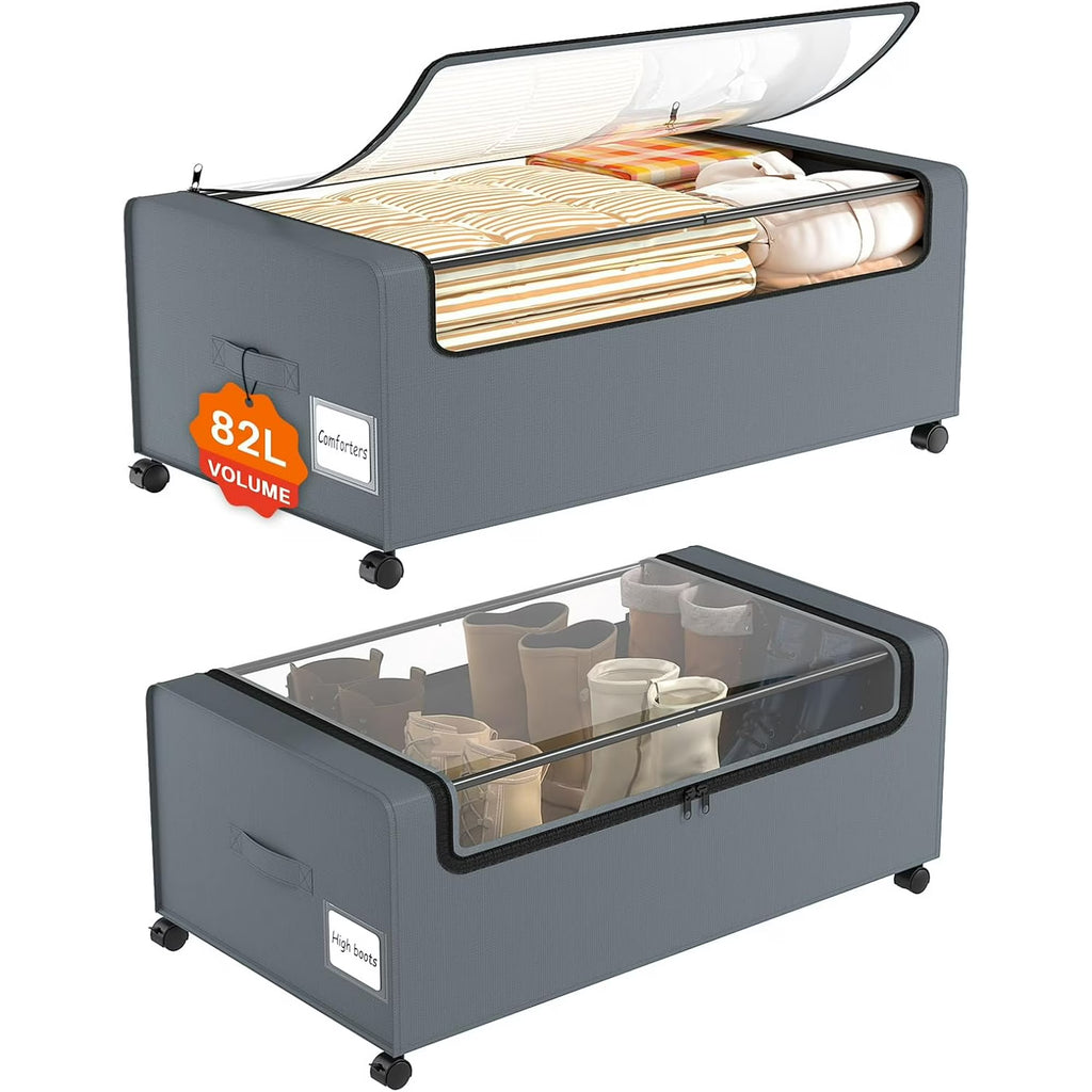 12 inch Under the Bed Storage Bins with Clear Lid, Under Bed Storage Containers with Wheels for Underneath Small Spaces Dorms, Blankets (2 Pack, Grey, 30.7x17.3x12)