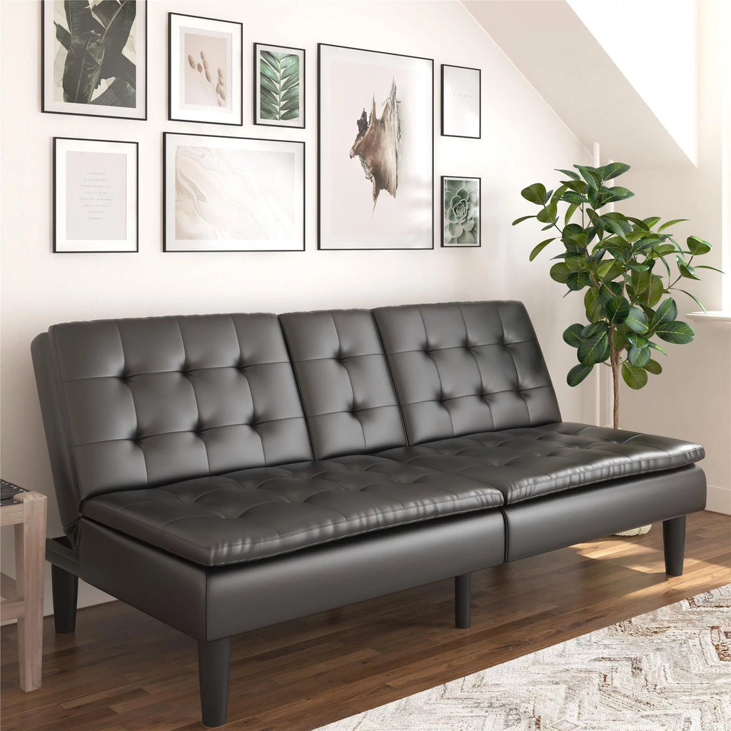 Memory Foam Futon with Cupholder and USB Black Faux Leather k7