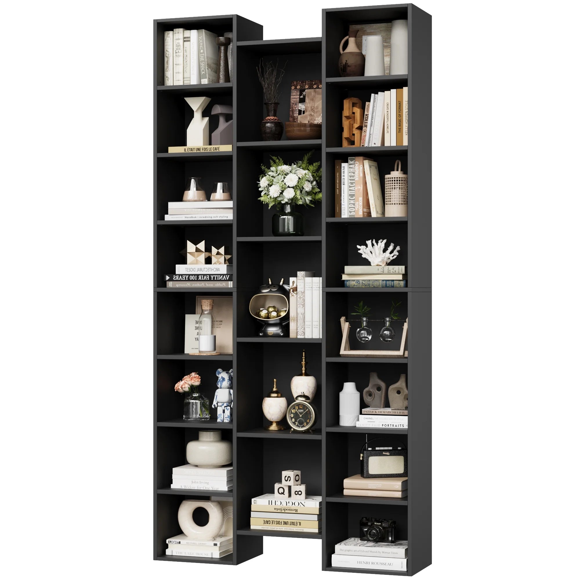 Bookcase with Adjustable Shelves, Triple Width Storage Rack, Black k7m