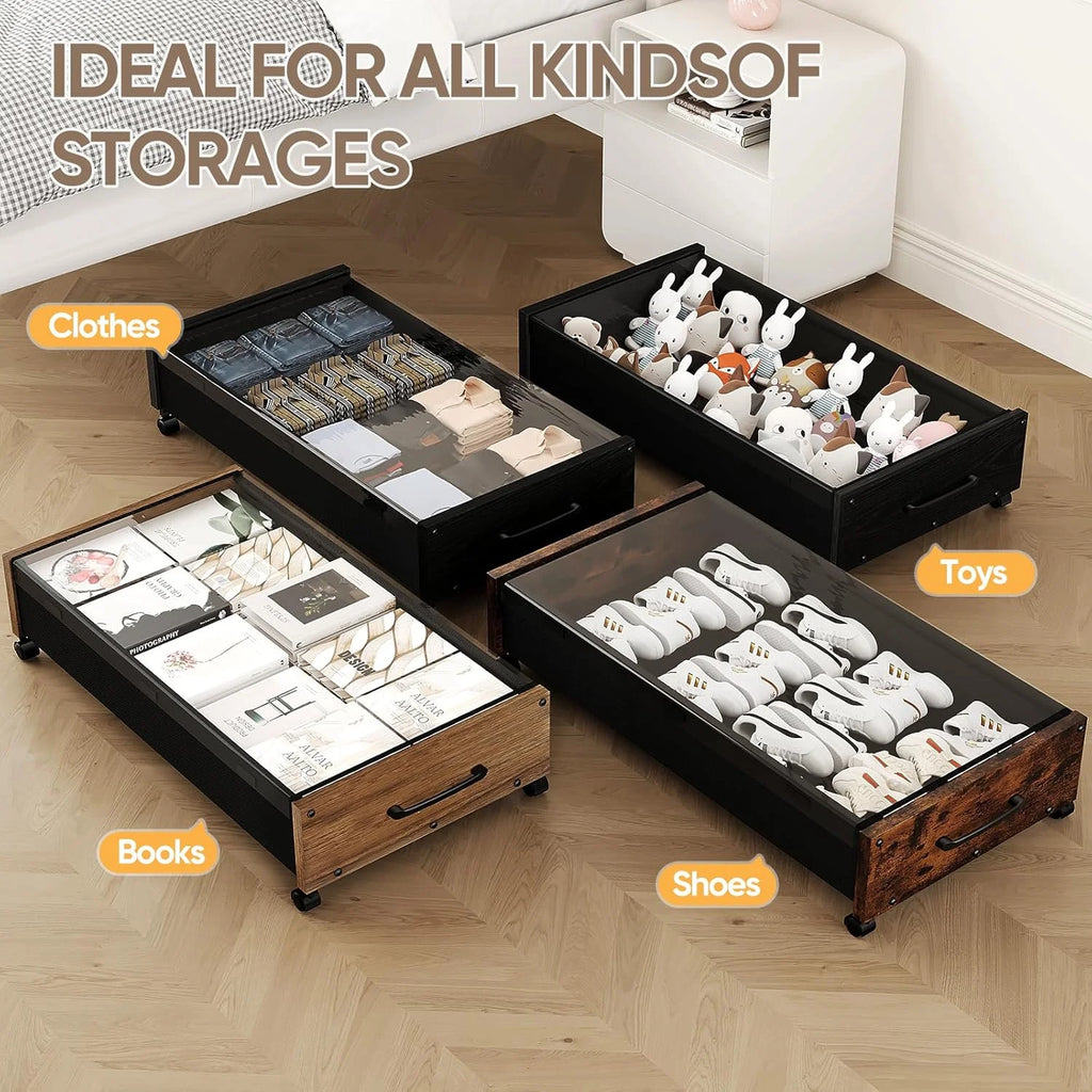 Wooden Under Bed Storage with Wheels, 80L Rolling Bins 2 Pack with Lid a7