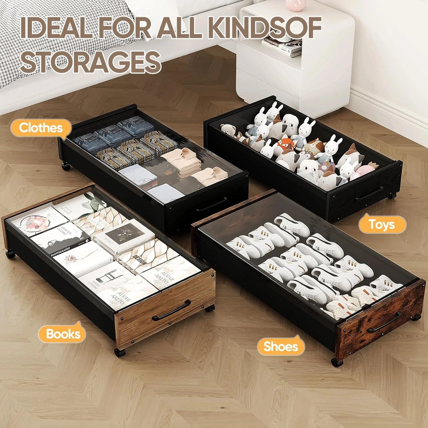 Wooden Under Bed Storage with Wheels, 80L Rolling Bins 2 Pack with Lid a7