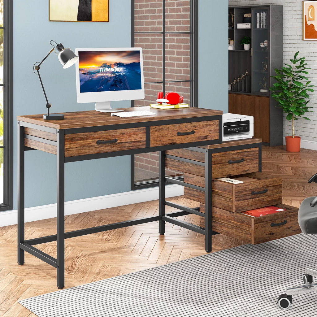 Reversible Computer Desk with 5 Drawers and File Cabinet, Rustic Brown k7