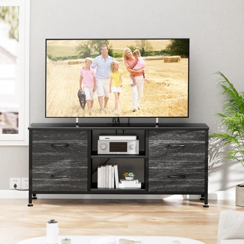 TV Stand with 4 Fabric Drawers for 50 Inch TV, Power Outlet, Black Wood Veins k7