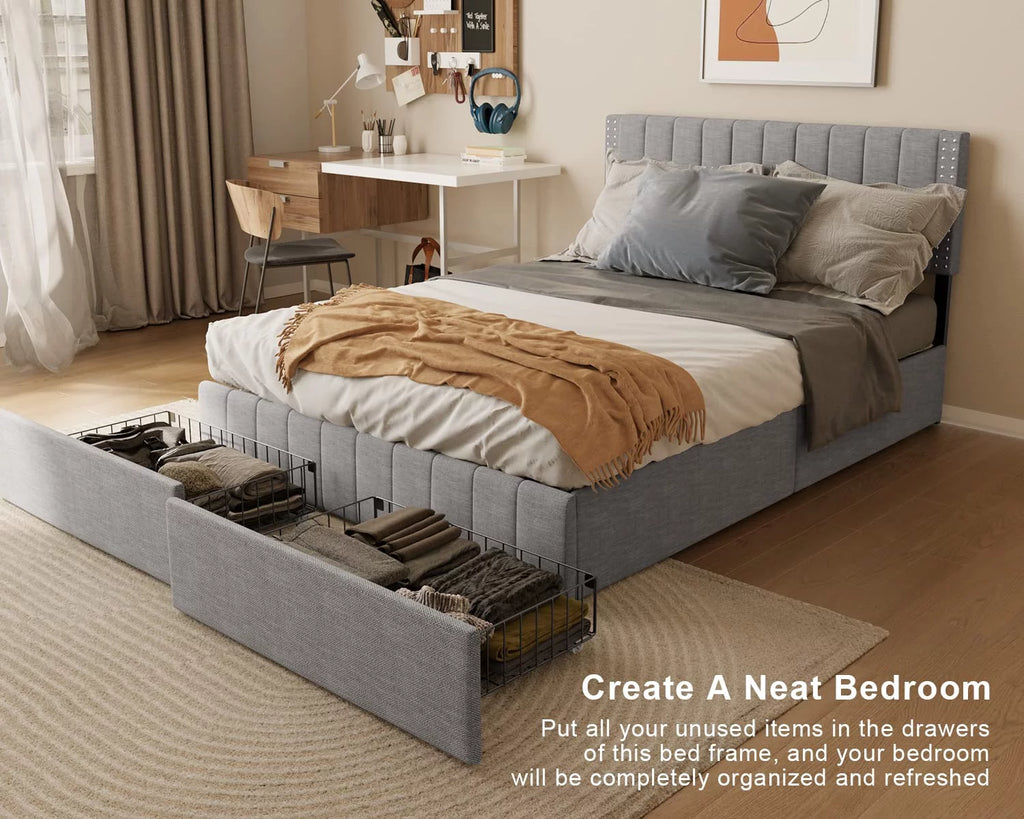 Bed Frame with Storage Drawers and Adjustable Headboard Grey k7m