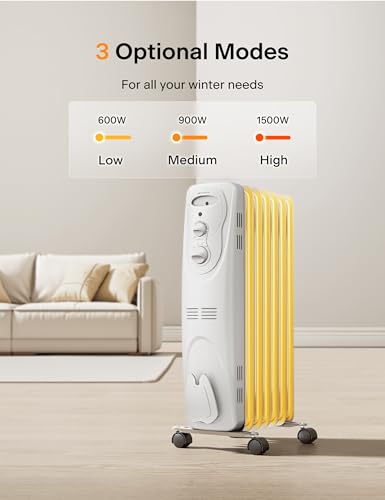 Oil Filled Radiator Heater Indoor Use 1500W Quiet 3 Heat Settings Black k7