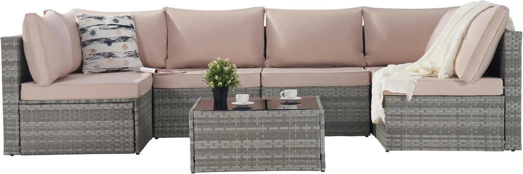 Outdoor Patio Conversation Set with Coffee Table, Beige wicker sectional sofa a7