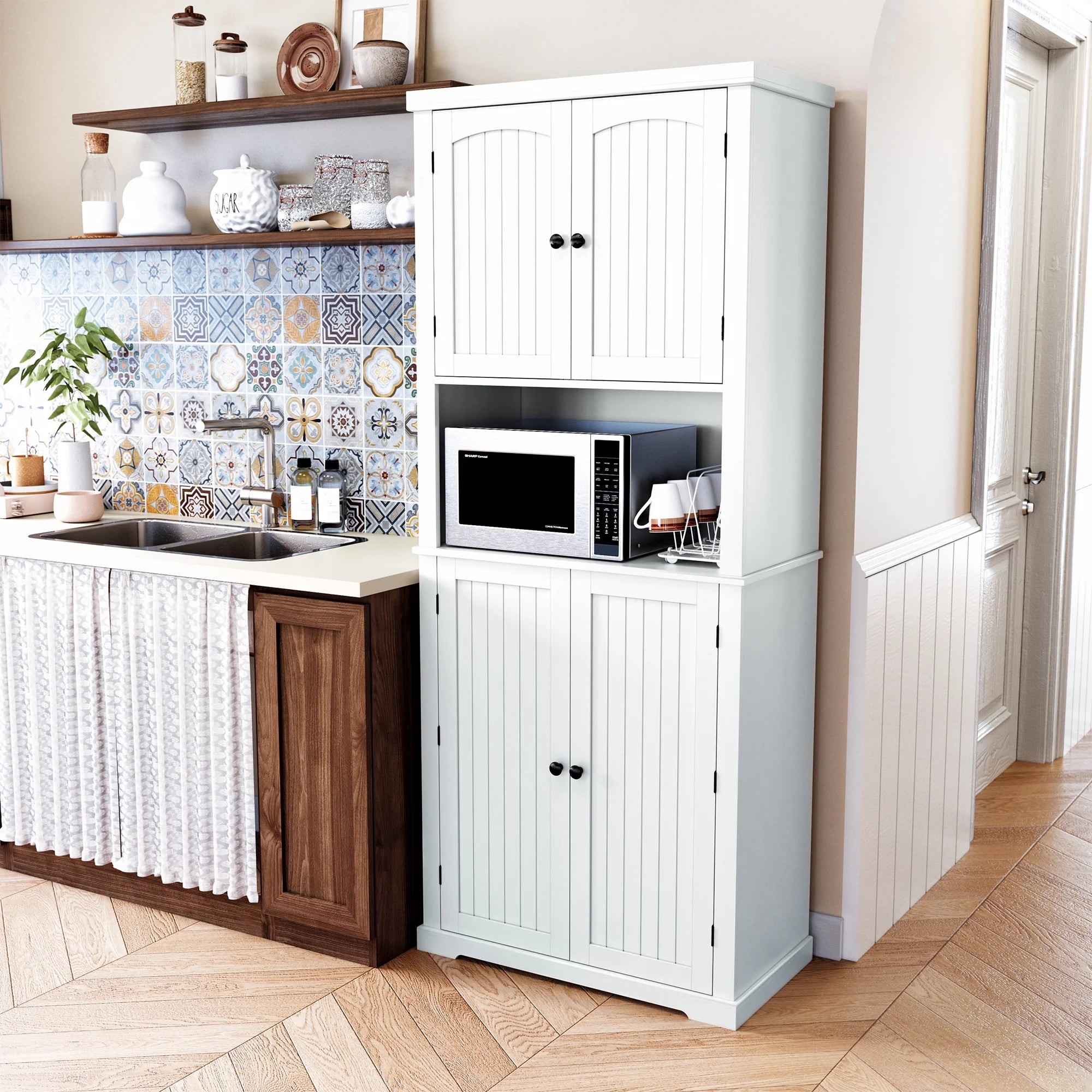 Kitchen Pantry Storage Cabinet with Microwave Stand and Shelves a7