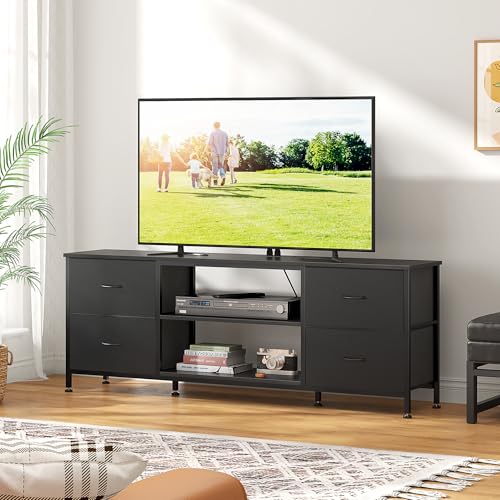 TV Stand with 4 Fabric Drawers for 50 Inch TV, Power Outlet, Black Wood Veins k7