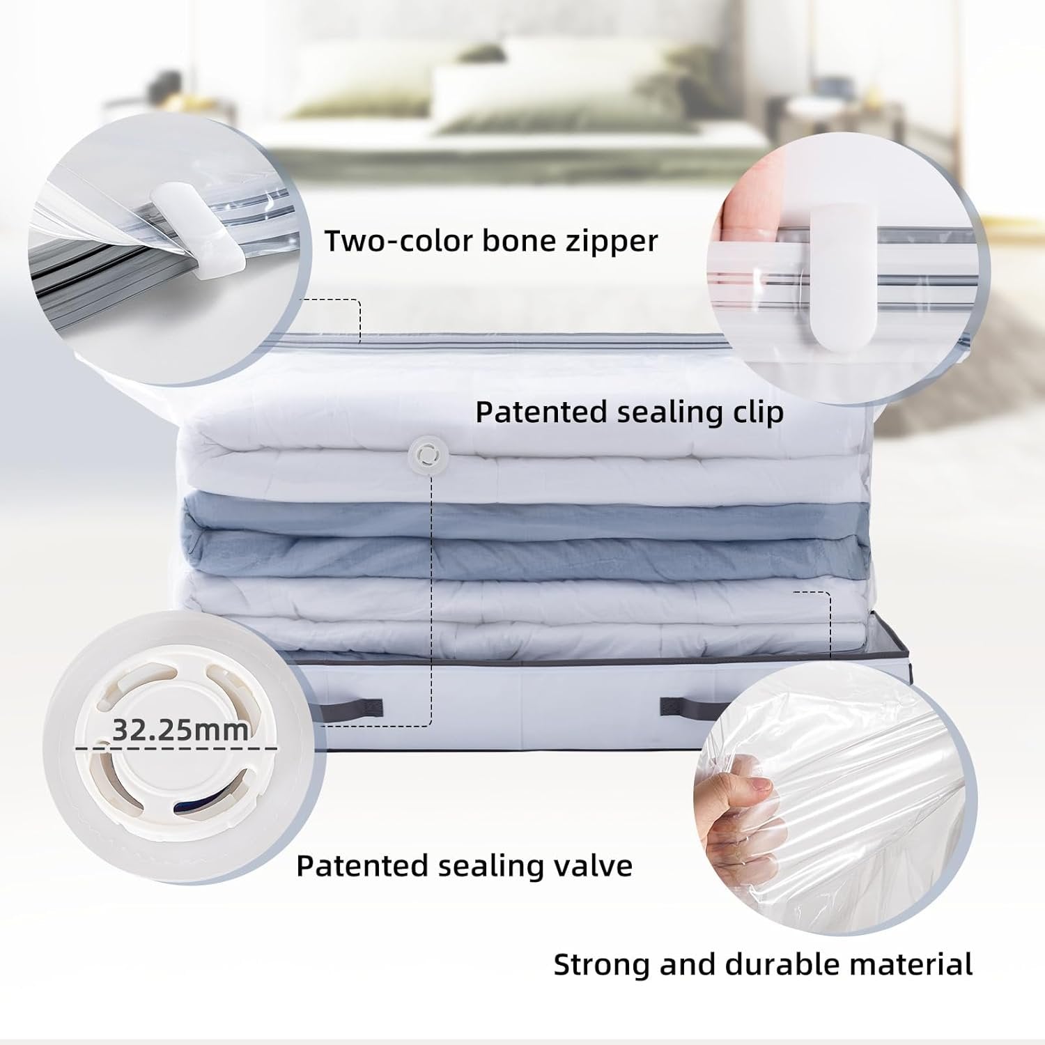 Under Bed Vacuum Seal Storage Bags for Blankets, Foldable Large Capacity White 7k