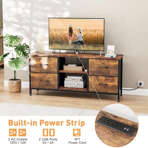 TV Stand with 4 Fabric Drawers for 50 Inch TV, Power Outlet, Black Wood Veins k7