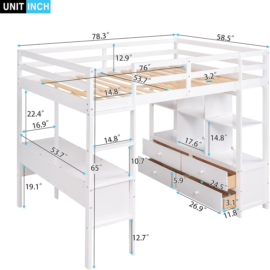 Full Size Loft Bed with Built-in Desk and Storage Shelves White k7