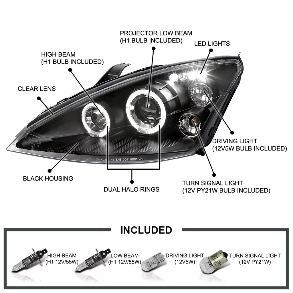 LED Projector Headlights Black Pair for Ford Focus 2000-2004 q7