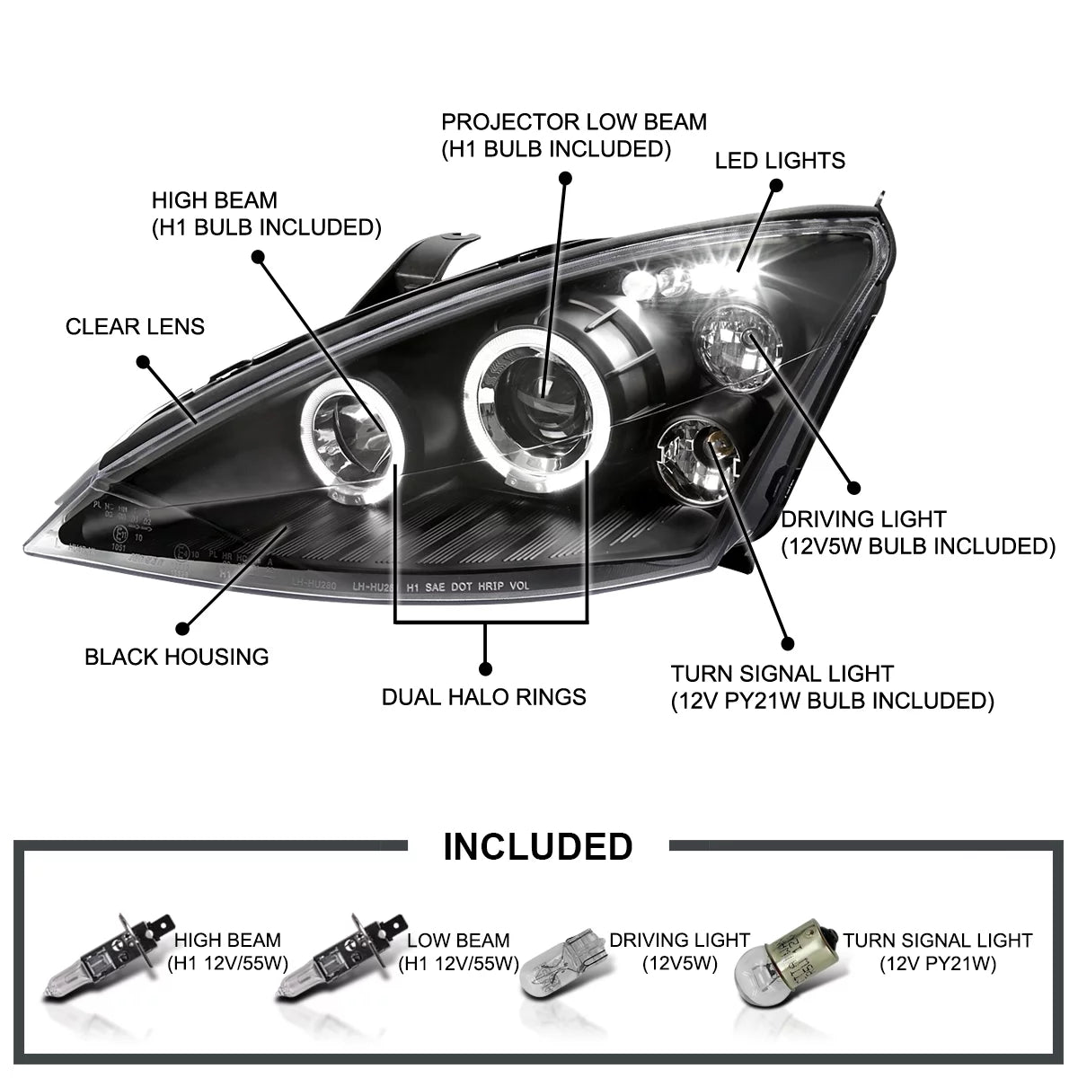 LED Projector Headlights Black Pair for Ford Focus 2000-2004 q7