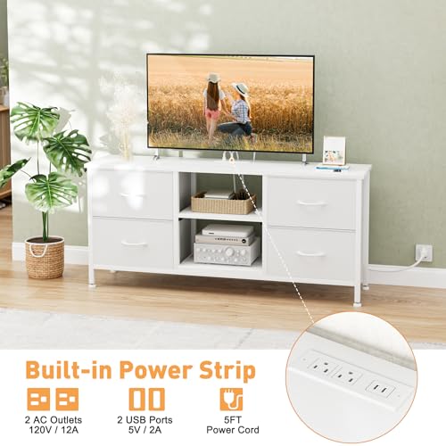 TV Stand with 4 Fabric Drawers for 50 Inch TV, Power Outlet, Black Wood Veins k7