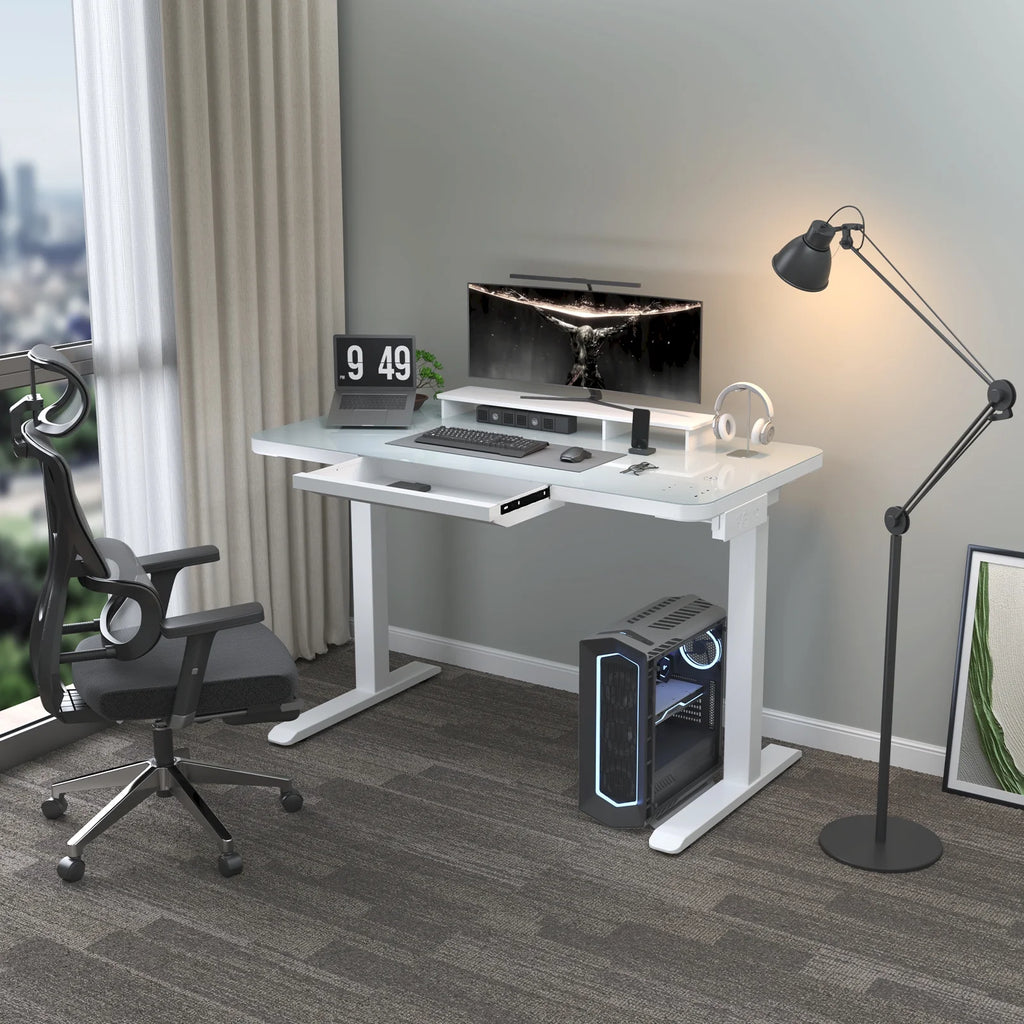 Electric Glass Standing Desk with Drawers, Dual Motor Height Adjustable, White k7p