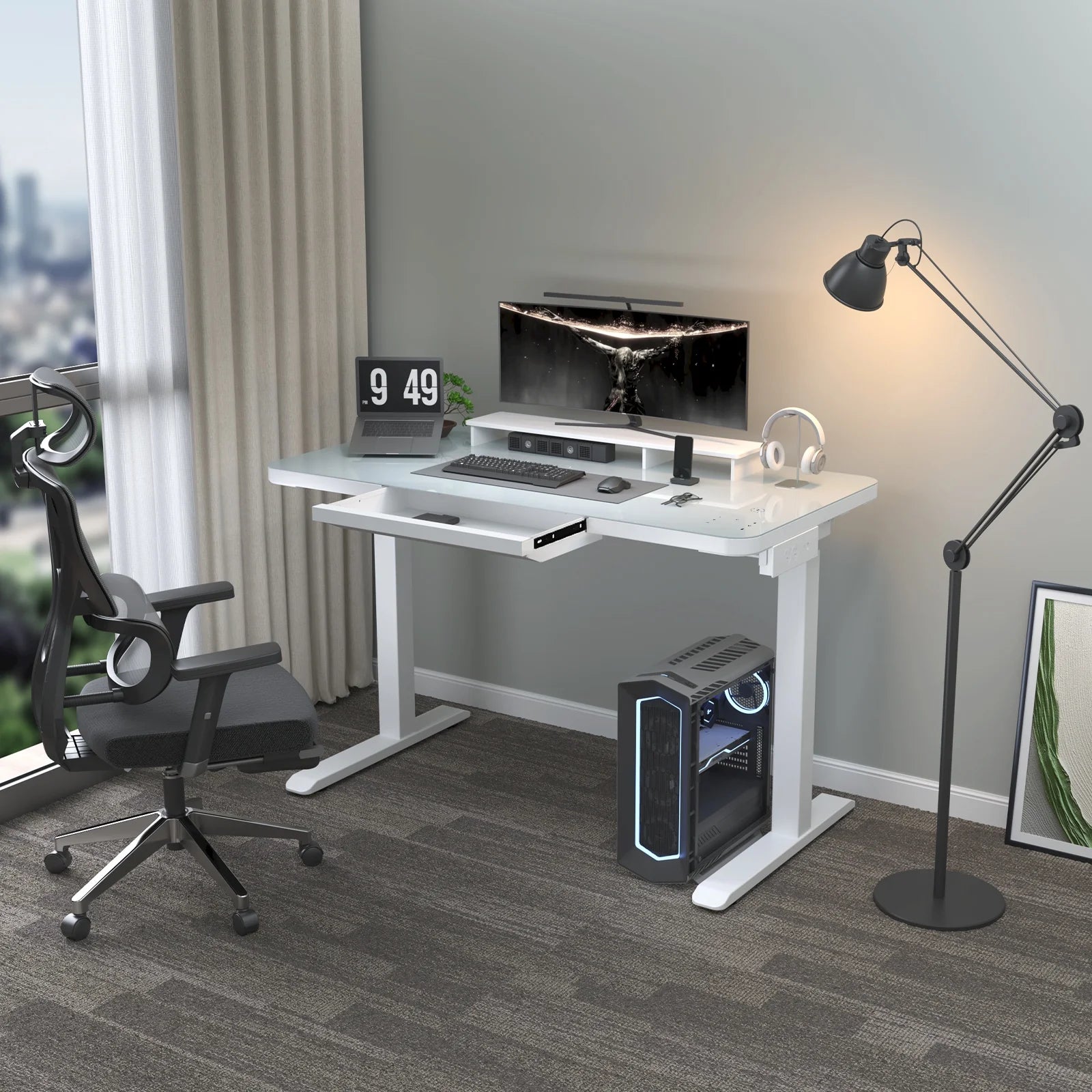 Electric Glass Standing Desk with Drawers, Dual Motor Height Adjustable, White k7p